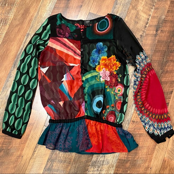 Desigual Tops - DESIGUAL Mummy Sheer Drop Waist Printed Blouse